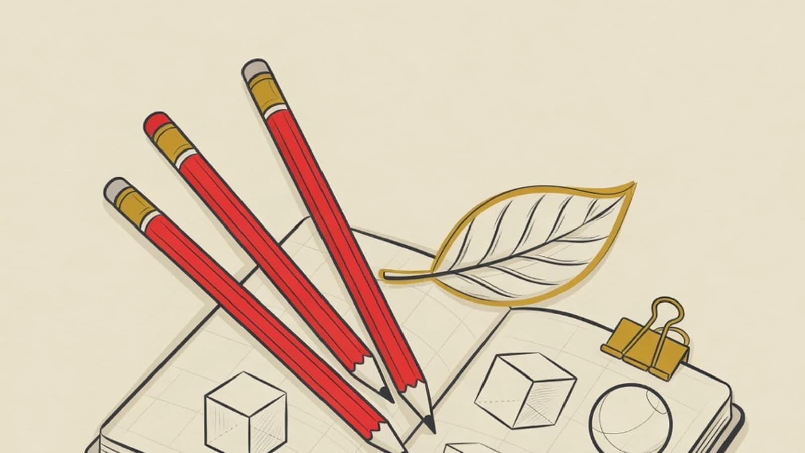 Flat illustration of beginner drawing supplies: graphite pencils, a sketchbook, and a basic sphere shape with light-to-dark shading gradation