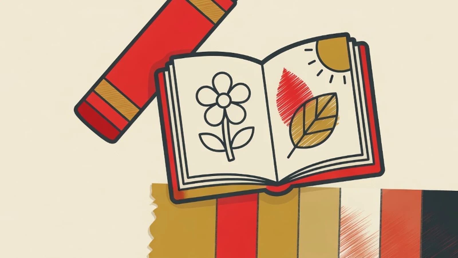 Ilustrasi crayon, buku mewarnai berbidang lebar, dan garis tepi tebal sebagai panduan latihan mewarnai rapi untuk anak