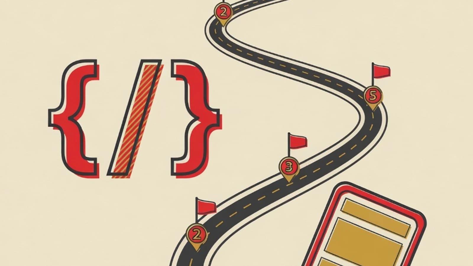 Illustration of a staged roadmap path with milestone markers, a smartphone showing app layout blocks, a code symbol, and a rocket launch icon