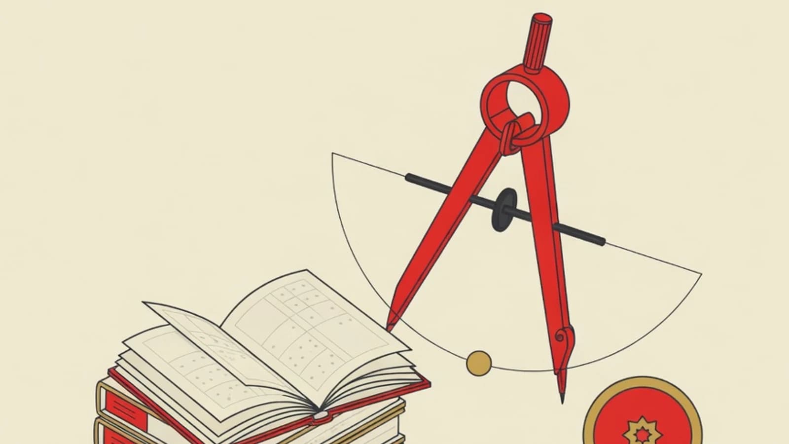 Ilustrasi editorial datar jangka dan penggaris, kisi titik teori bilangan, tumpukan buku soal, serta pita medali dalam warna khas EduPoint