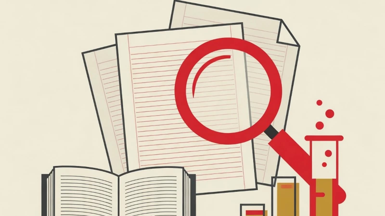 Flat illustration of a research manuscript, magnifying glass, test tube, and data chart representing preparing a scientific paper for a competition