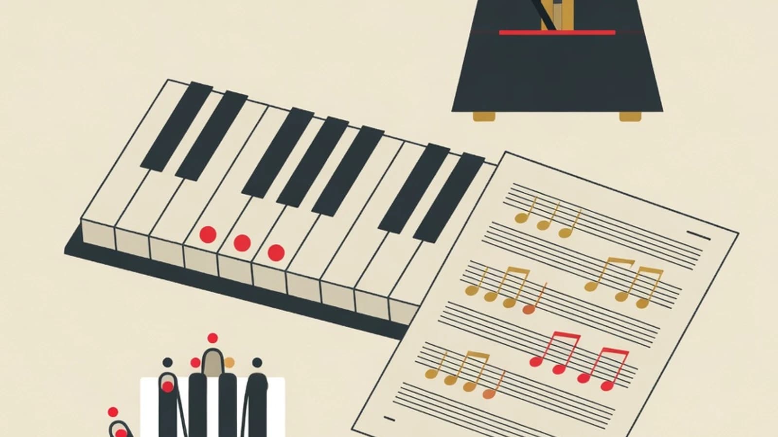 Flat illustration of piano two-hand coordination practice: keyboard keys, sheet music, a metronome, and a finger-position diagram