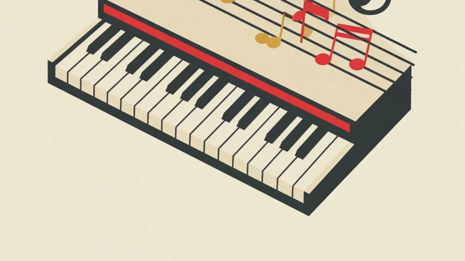 Flat illustration of reading piano sheet music: piano keys, music notes, and staff lines