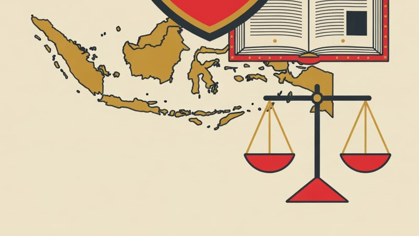 Flat vector illustration of PPKn material: the Garuda Pancasila emblem, an open constitution book, a map of the Indonesian archipelago, and a balance scale of justice