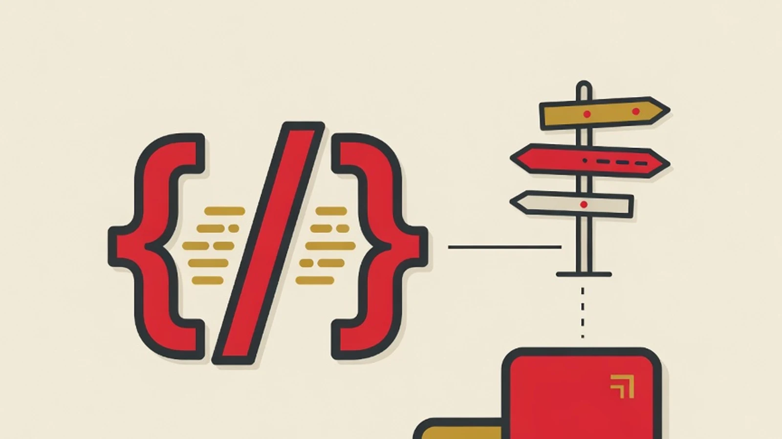 Editorial illustration of code brackets, a branching signpost, a stack of labeled language tiles, and a compass as symbols of choosing a first programming language