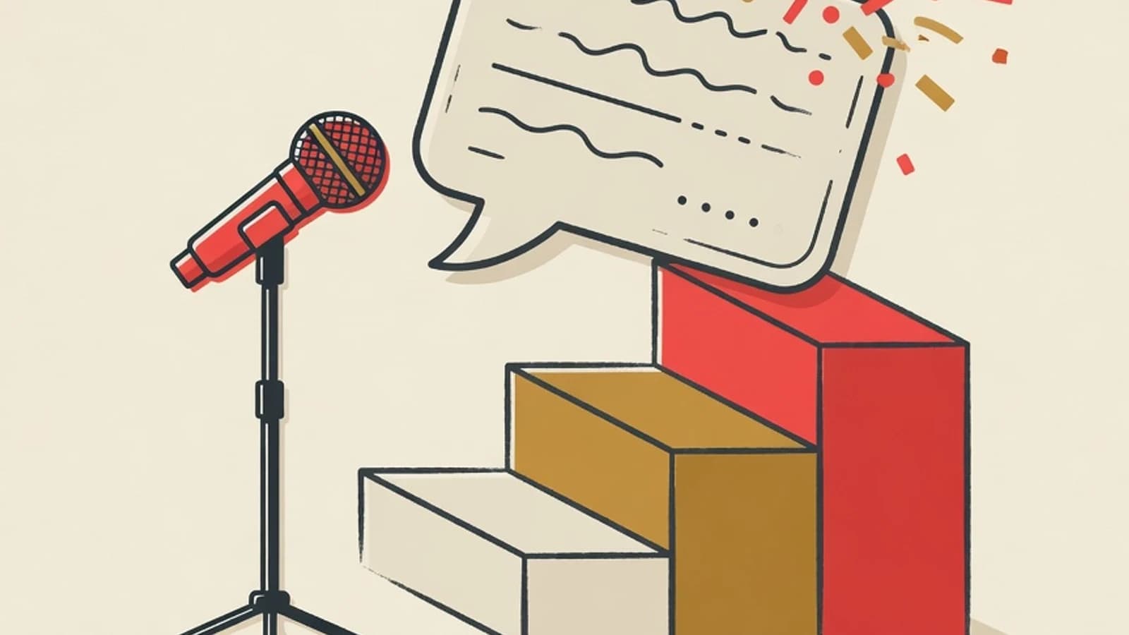 Flat illustration of a child-height microphone, three ascending stair blocks, a speech-bubble card, and a burst of confetti for a guide on building a child's confidence to speak in public