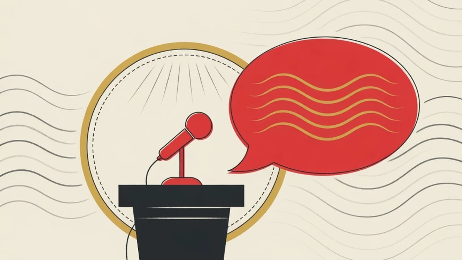 Ilustrasi datar podium dengan mikrofon, garis gelombang napas tenang, dan gelembung percakapan bernuansa merah dan mustard khas EduPoint