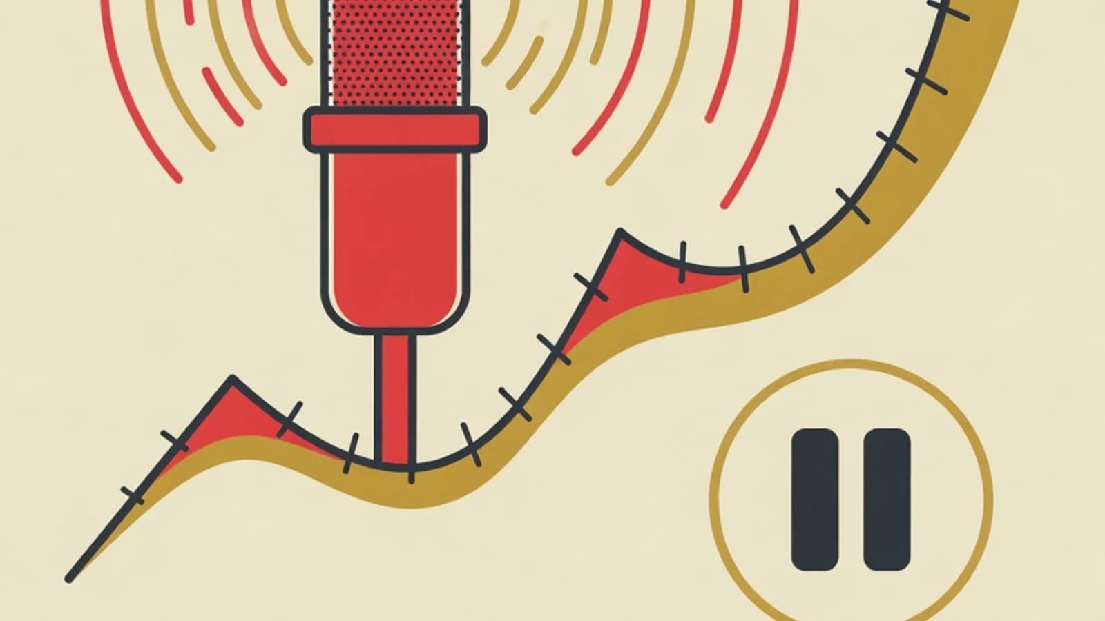 Flat illustration of sound waves radiating from a microphone with a rising and falling intonation curve and a pause symbol for a public speaking vocal technique guide