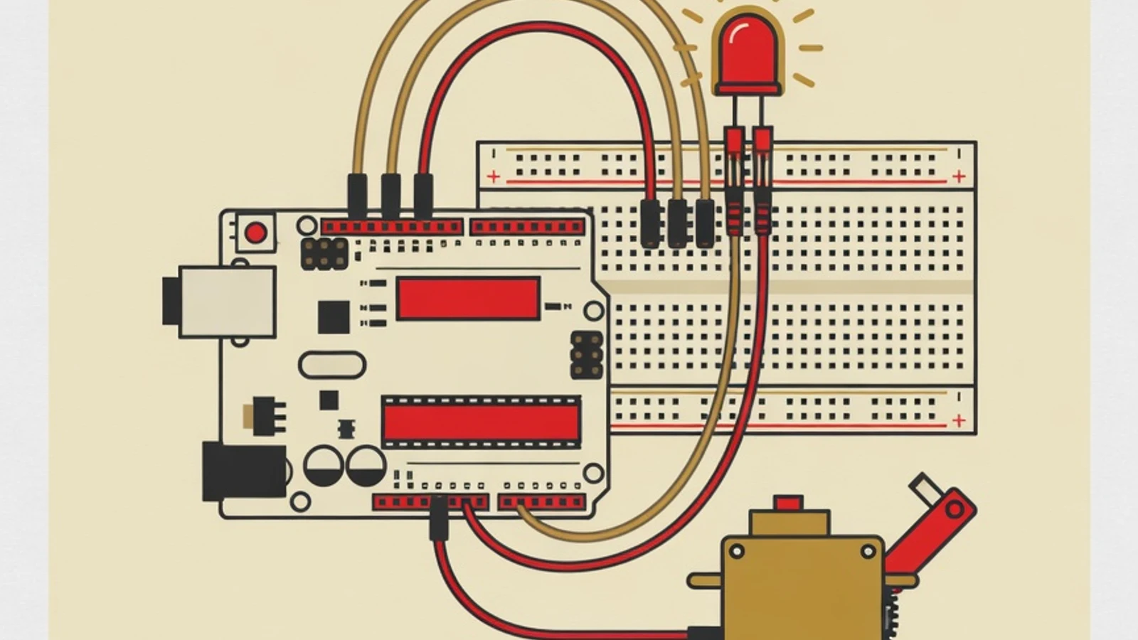 Ilustrasi papan Arduino Uno, breadboard dengan LED menyala, kabel jumper, dan motor servo kecil dalam gaya vektor editorial brand EduPoint