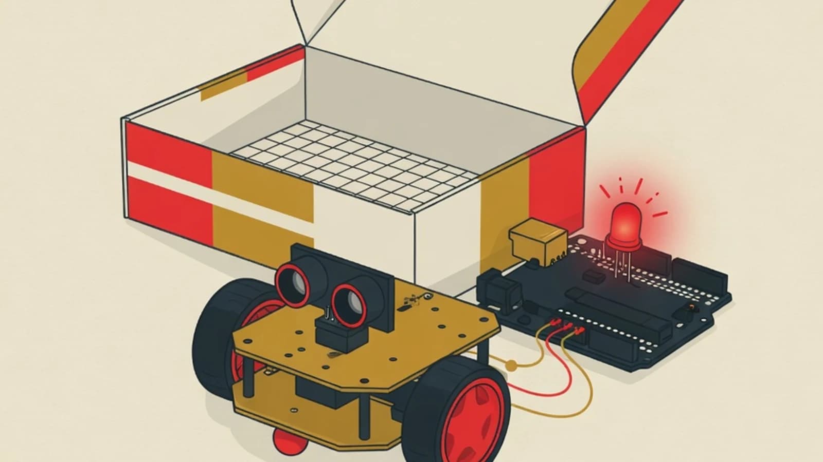 Flat illustration of a first robotics kit box holding a two-wheeled robot chassis, a distance sensor module, and a microcontroller board with a glowing LED