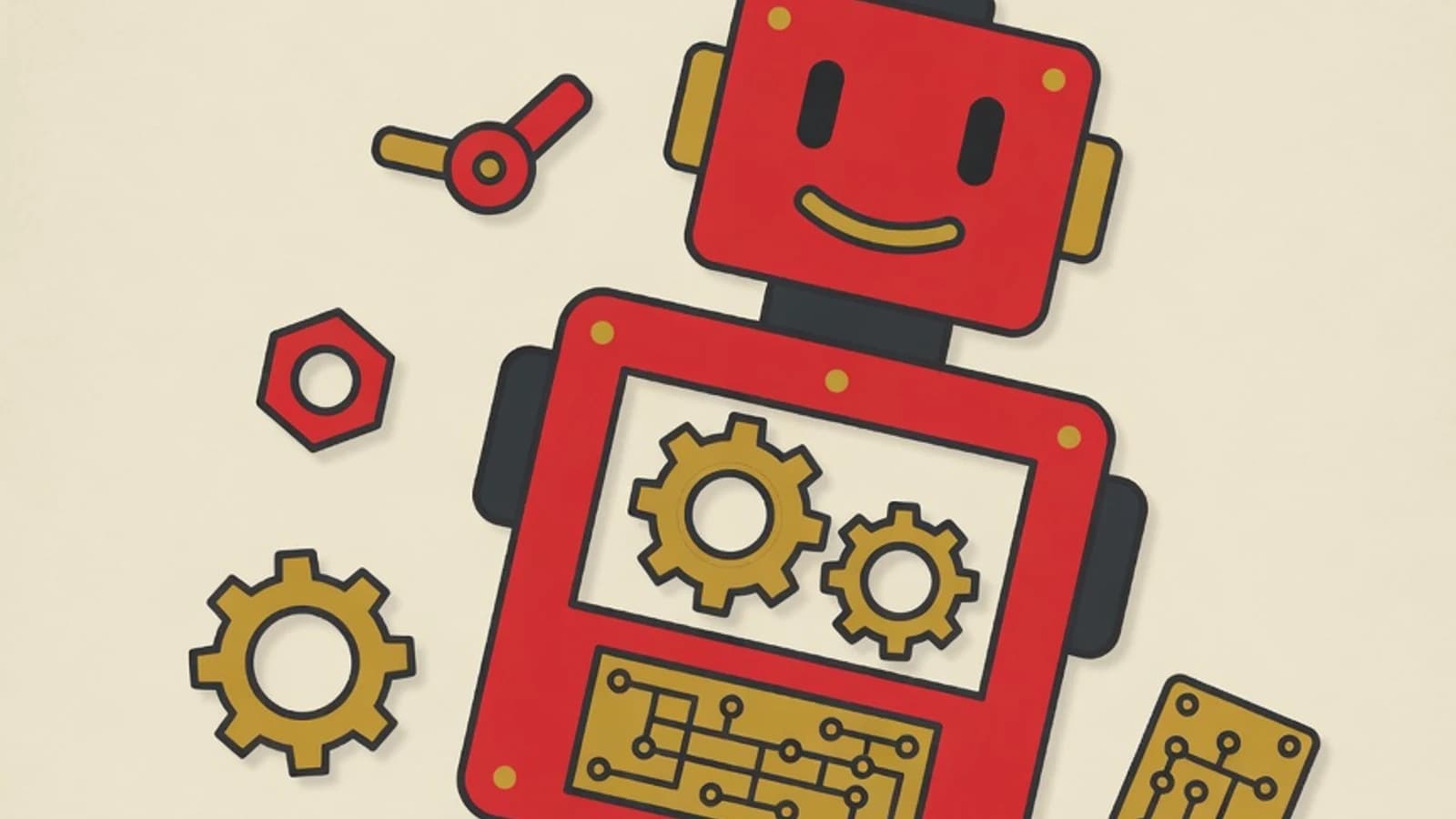 Ilustrasi les robotik: robot kotak ramah dengan antena, roda gigi, dan papan sirkuit
