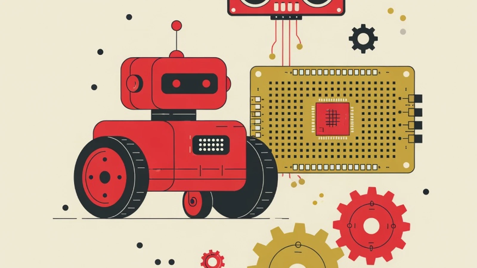 Flat illustration of beginner robotics boards: a small wheeled robot, a microcontroller board, a sensor, and gears