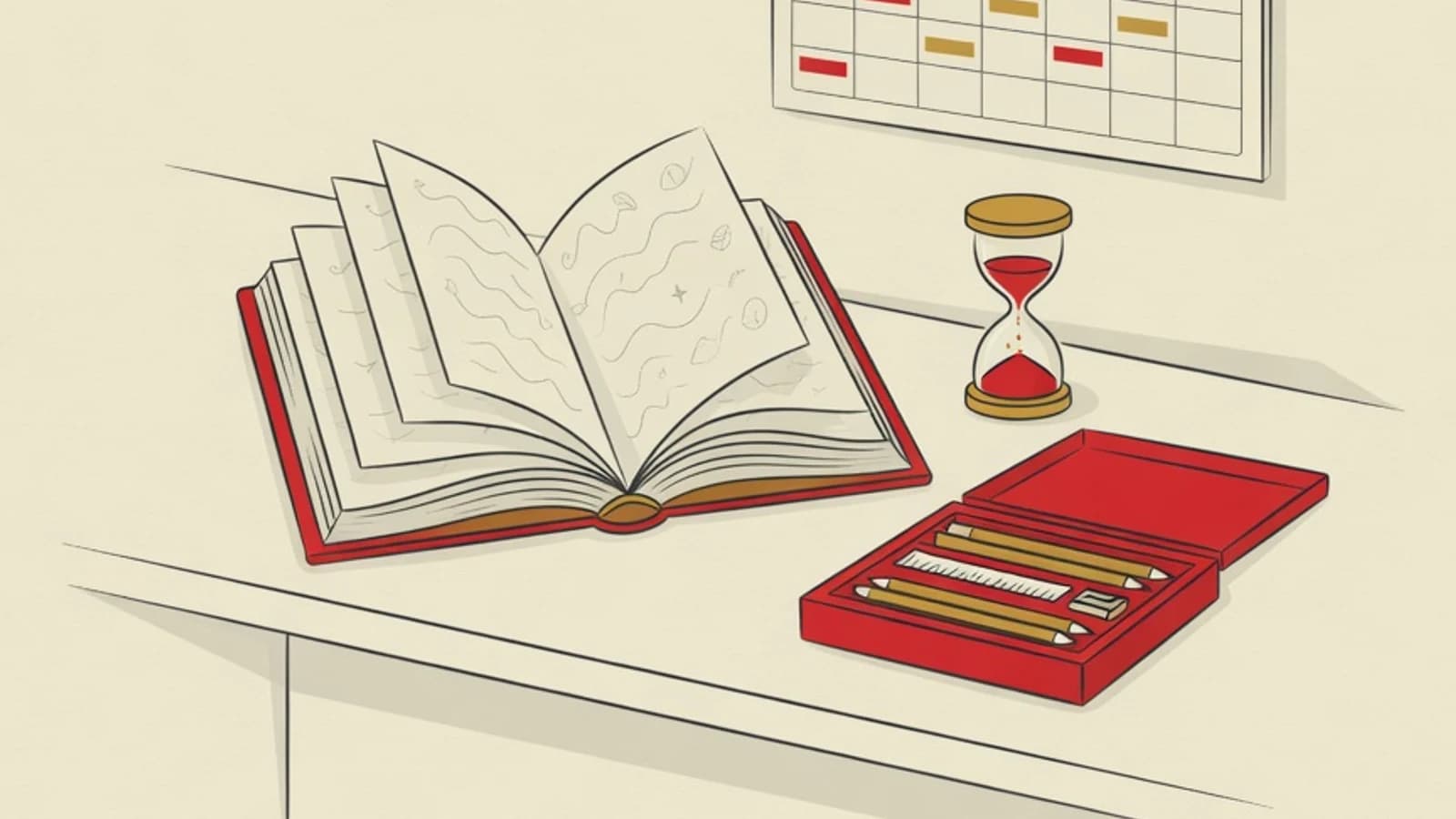 Ilustrasi datar meja belajar anak SD dengan buku terbuka, timer, dan kotak alat tulis bernuansa hangat