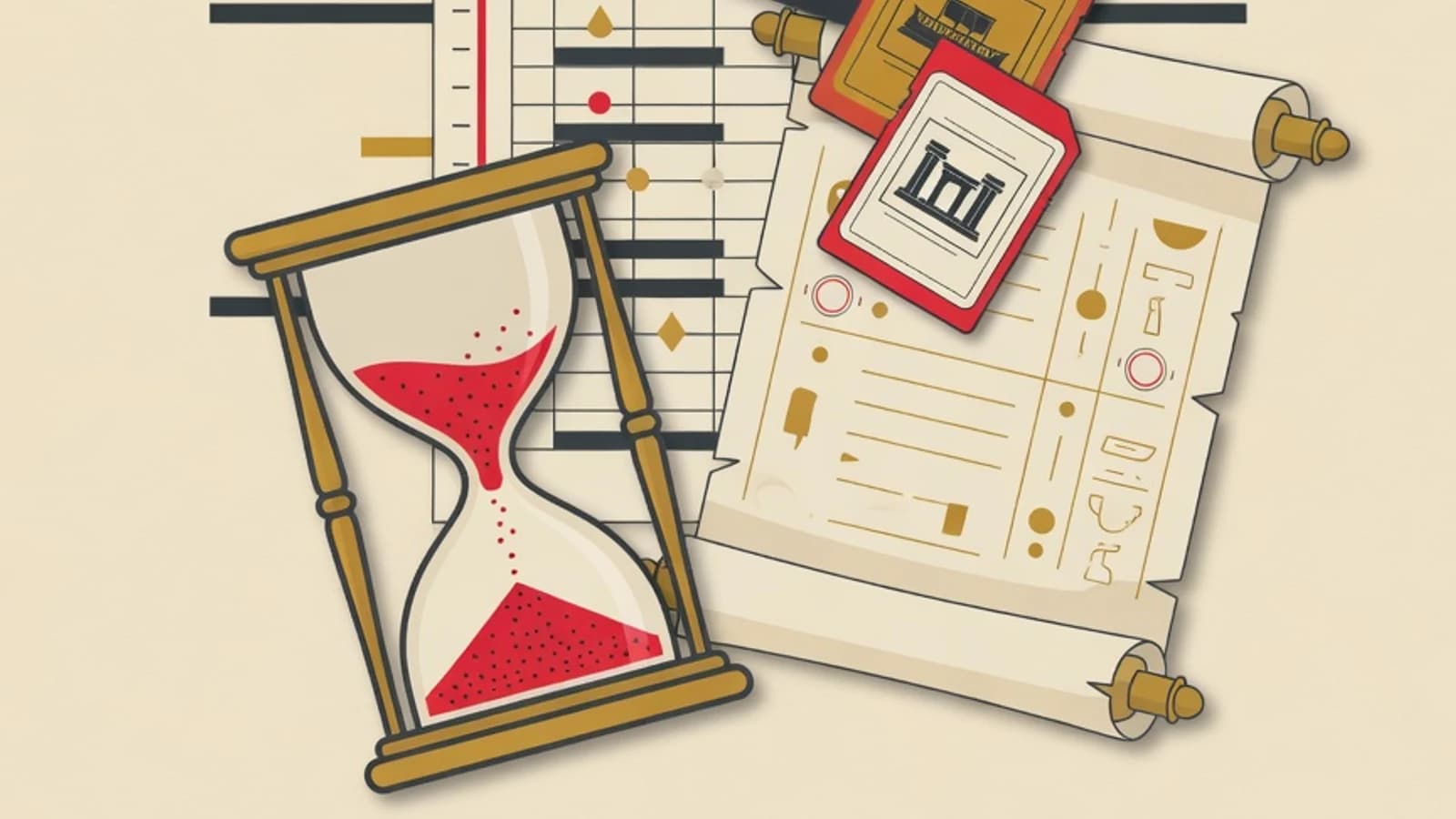 Ilustrasi editorial garis waktu, tumpukan kartu ingatan, gulungan naskah kuno, dan jam pasir dengan palet brand EduPoint
