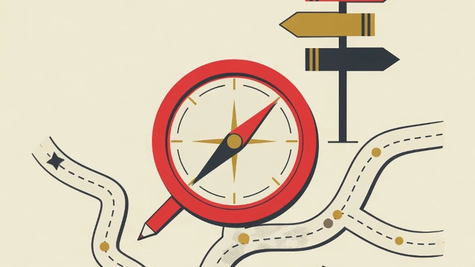 Editorial vector illustration of an open compass over a three-branch roadmap, a stack of report cards, and a directional signpost in EduPoint brand colours