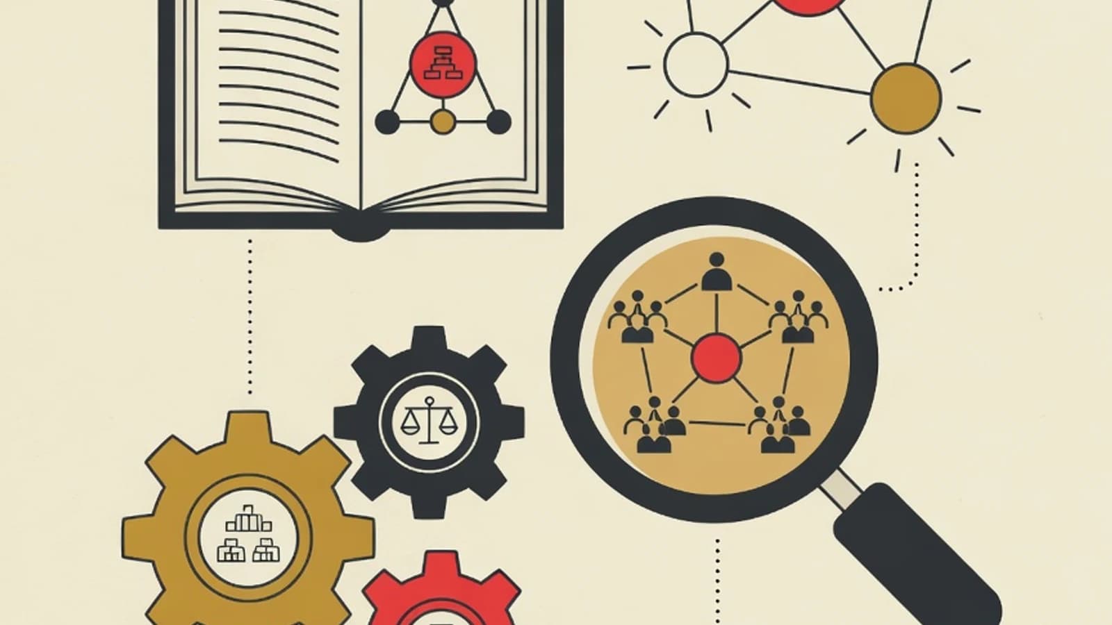 Ilustrasi vektor datar teori sosiologi: jaringan simpul yang saling terhubung sebagai struktur sosial, buku terbuka berisi diagram teori, kaca pembesar yang mengamati masyarakat, dan roda gigi lembaga sosial yang saling mengunci