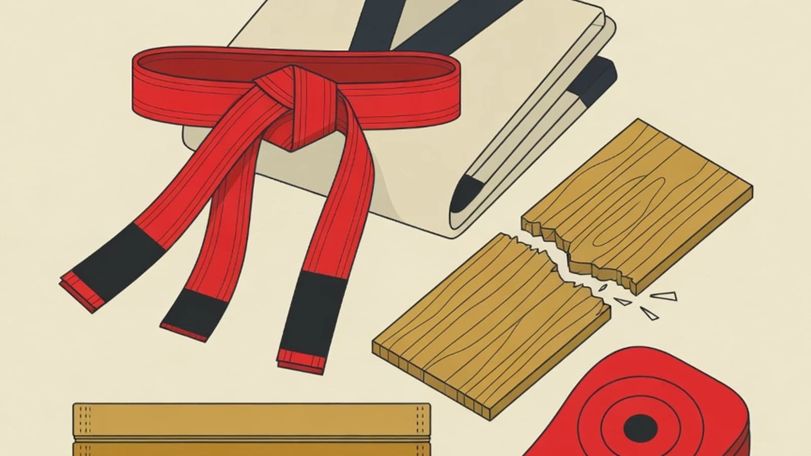 Flat illustration of a row of colored taekwondo belts, a folded dobok uniform, a wooden breaking board, and a kicking target in EduPoint's red and cream palette