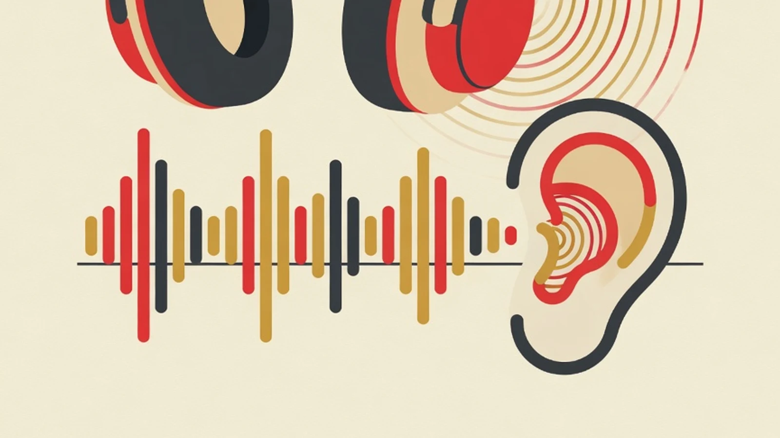 Flat illustration of TOEFL listening practice: large headphones, sound waves, and an audio waveform