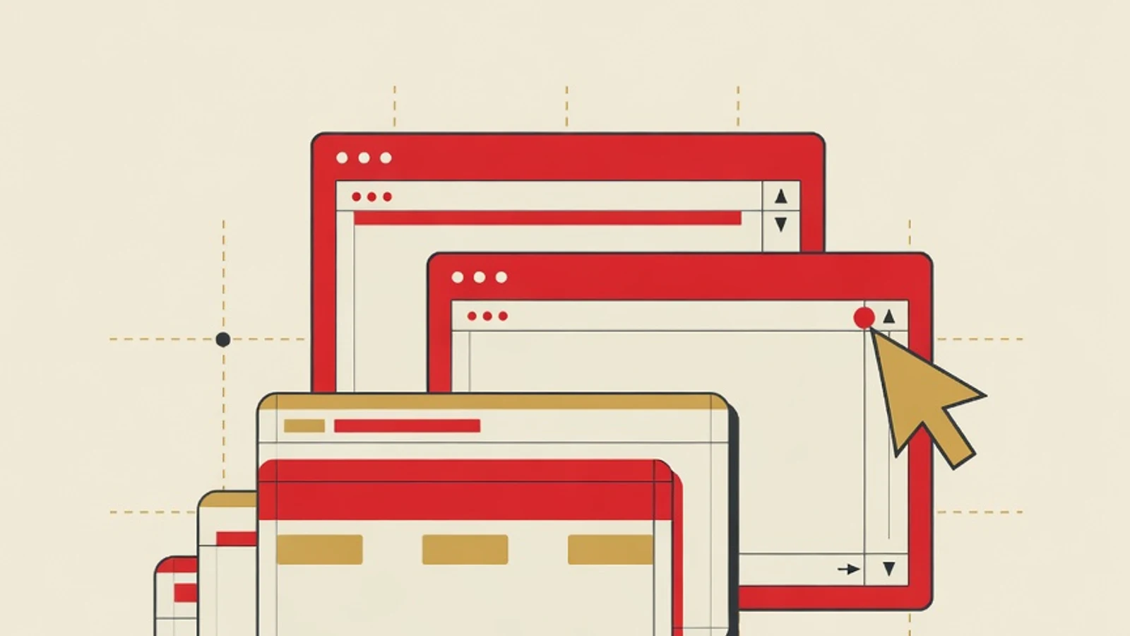 Flat illustration of learning UI/UX design: wireframe frames, cursor, and stacked interface cards