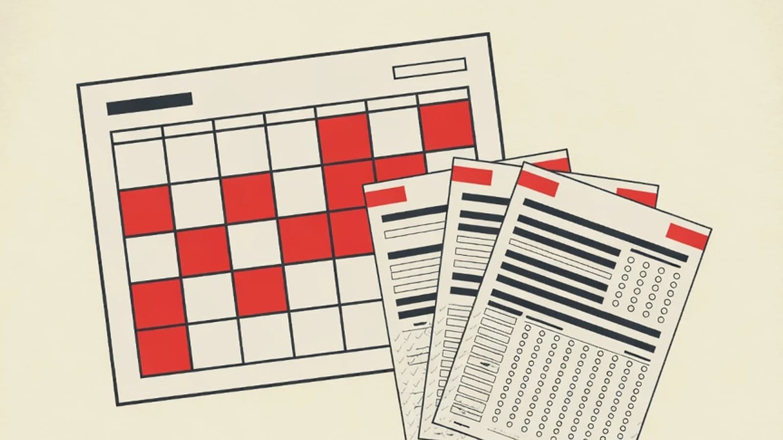 Editorial illustration of a twelve-week calendar, a stack of answer sheets, an hourglass, and a bar chart for an intensive UTBK study schedule