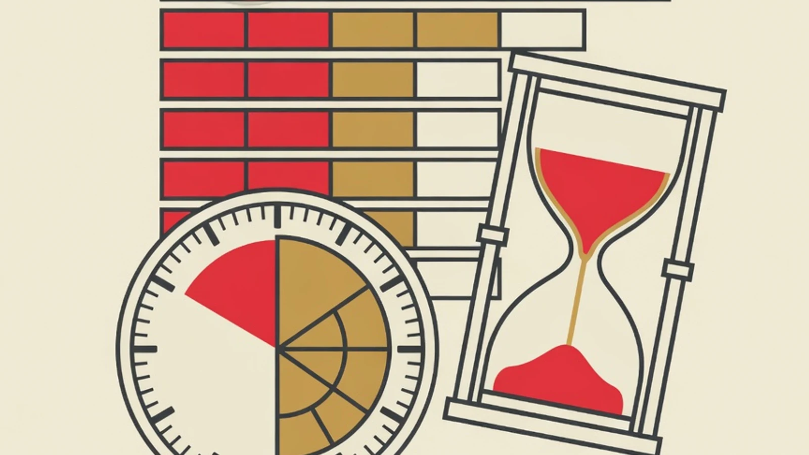 Ilustrasi datar stopwatch, tujuh batang waktu bersegmen, jam pasir, dan pelat jam bergaris untuk manajemen waktu per subtes UTBK