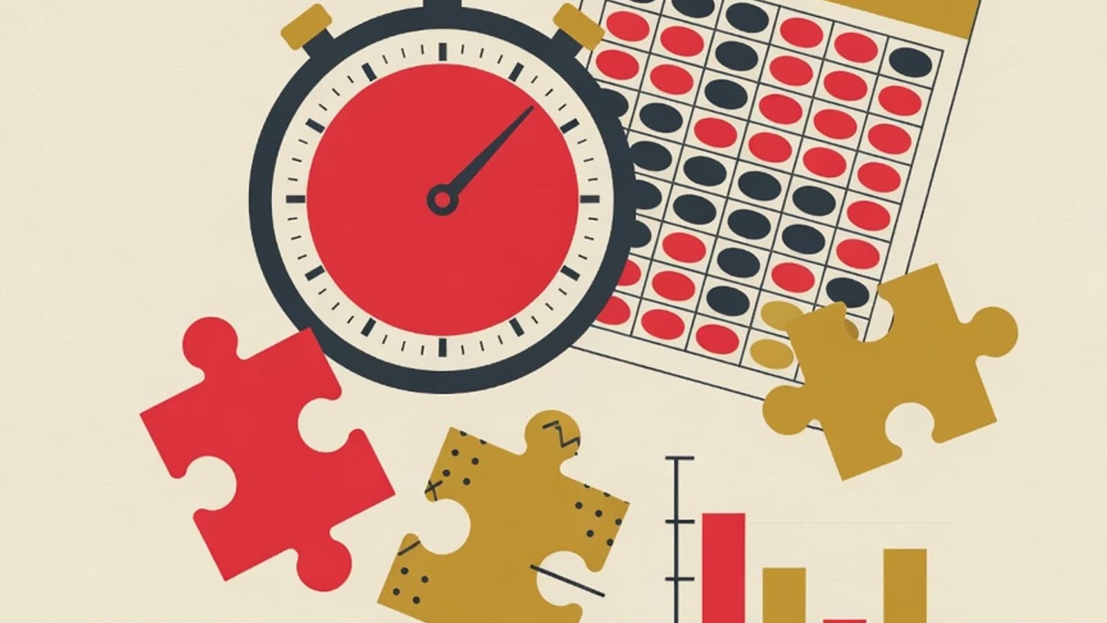 Flat editorial illustration of UTBK TPS objects: a stopwatch, an answer-bubble sheet, interlocking logic puzzle pieces, and a bar chart in a red, mustard, and cream palette