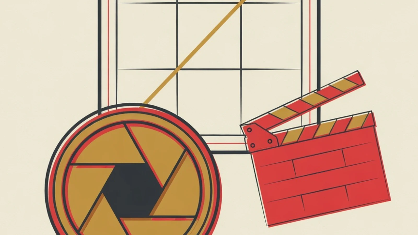 Flat editorial illustration of a camera frame, composition grid lines, and three lighting points for learning cinematography.