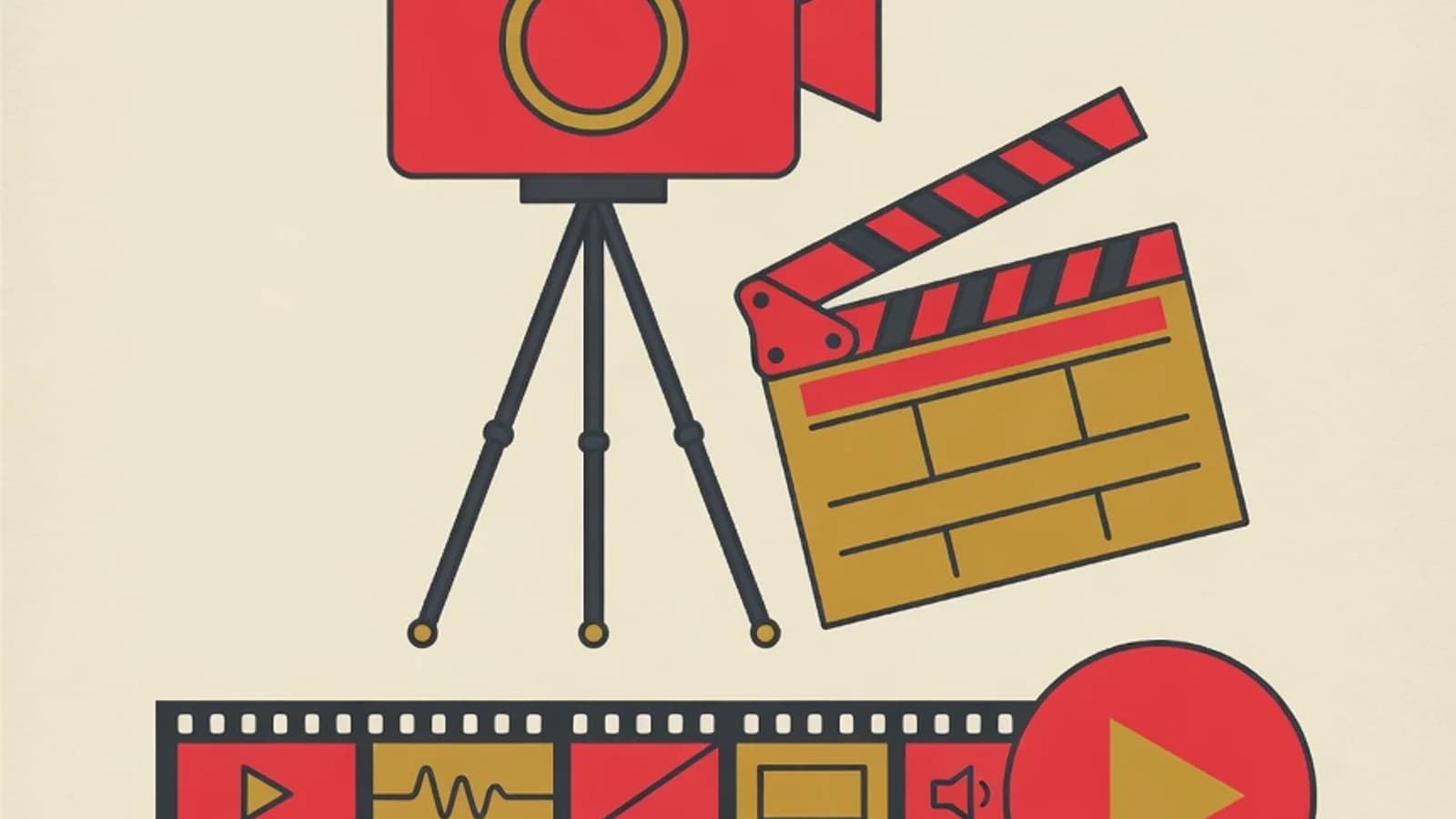Flat editorial brand-style illustration: a video camera on a tripod, a film clapperboard, and an editing timeline strip with clips and a play button, symbolizing learning videography and video editing