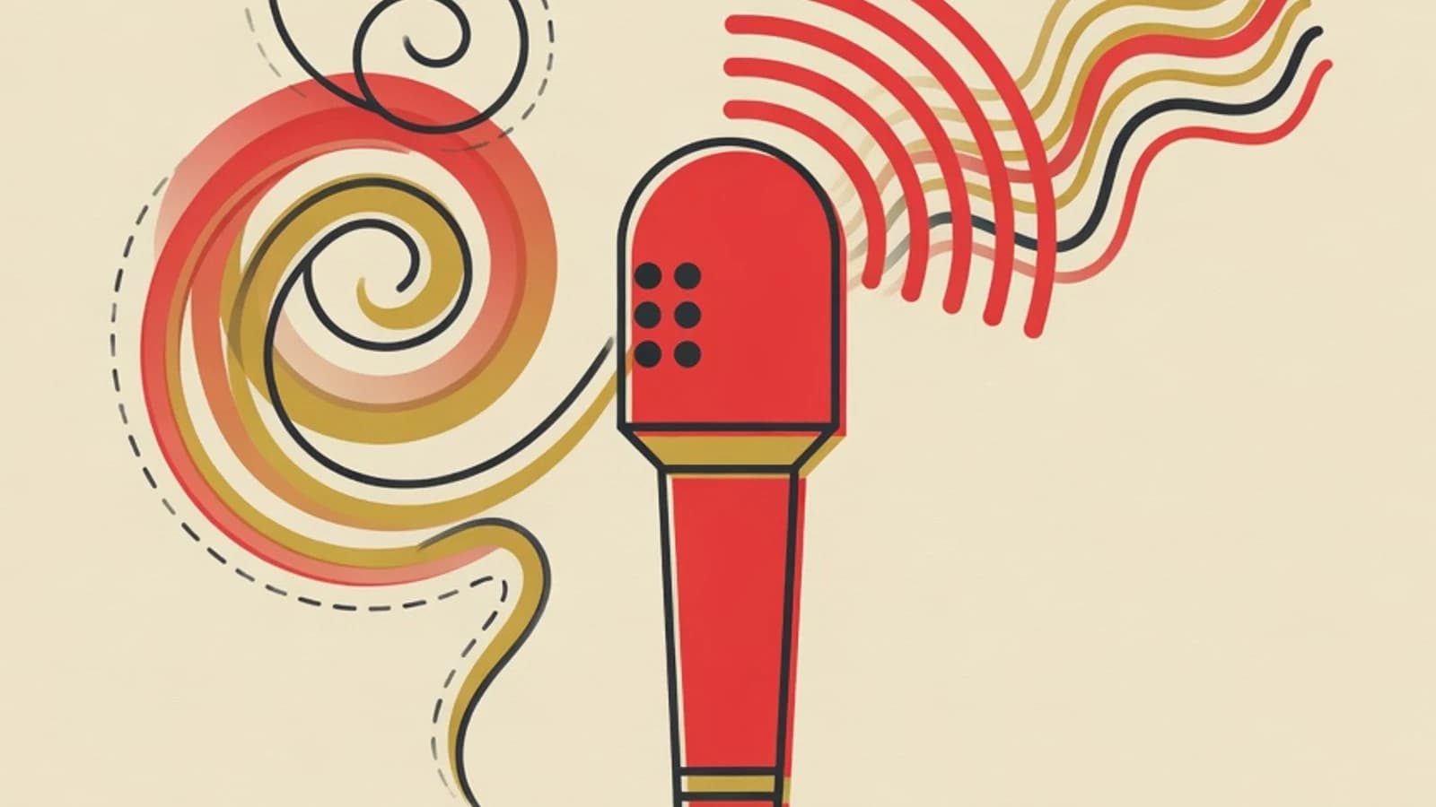 Flat illustration of a microphone with sound-wave lines, musical notes, and a breath airflow spiral in a red and mustard palette