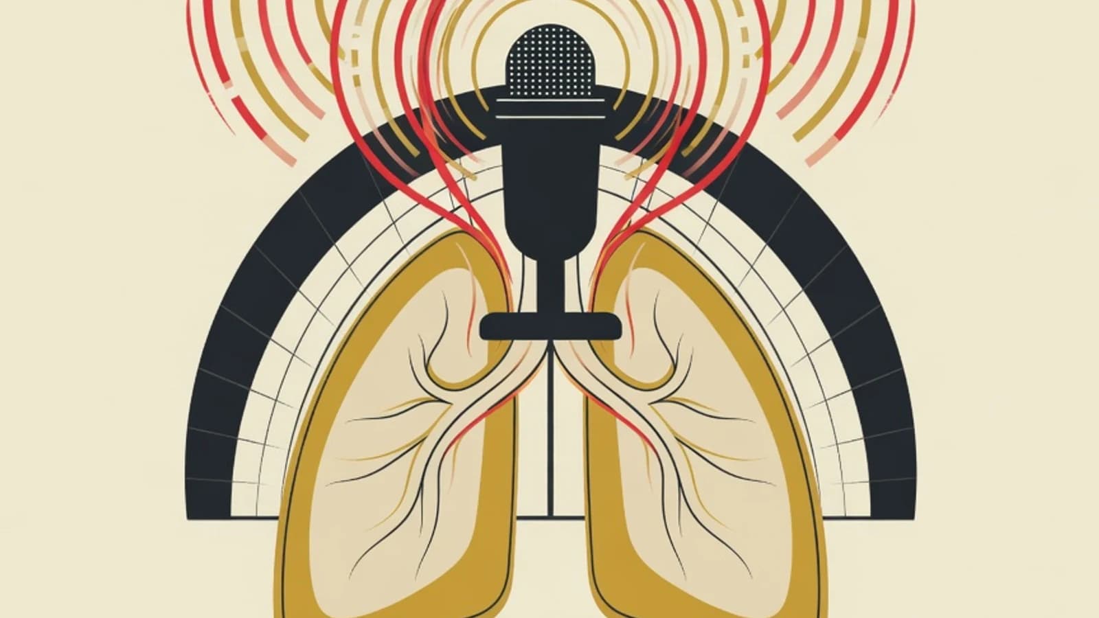 Flat editorial illustration on diaphragmatic breathing for singing with a diaphragm arch, airflow lines, and sound waves in EduPoint brand colors